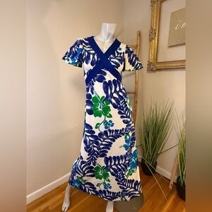Waltah Clarke Vtg Blue White Hawaiian Flutter Sleeve Maxi Dress S Tie Waist